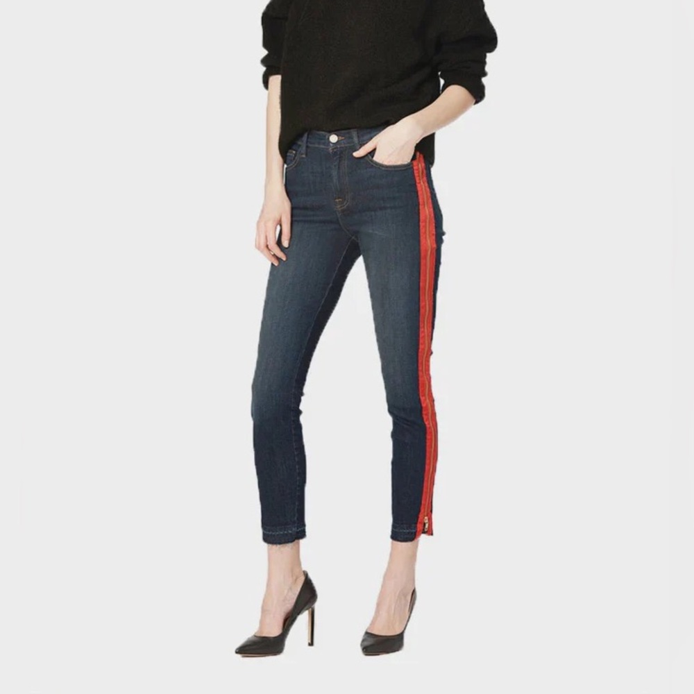 Etienne Marcel Indigo Side Zip Red Ribbon Tuxedo Stripe Skinny Jeans Size 27